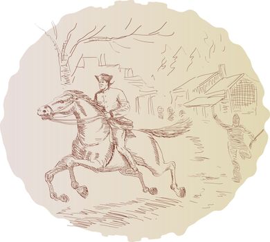 illustration featuring American revolution Paul Revere soldier or general riding horse