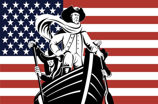 illustration featuring American revolution soldier or general at helm of boat with stars and stripes flag