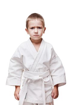 Martial art sport - child boy in white karate training kimono
