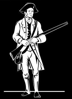 illustration featuring American revolution soldier patriot with rifle musket