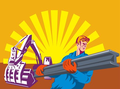 illustration of a construction worker at work carrying i-beam with mechanical digger excavator in background done in retro style