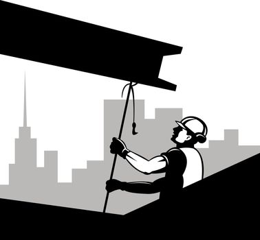 illustration of a construction worker with i-beam and building in background done in retro style