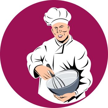 illustration of a chef, cook or baker done in retro style holding mixing bowl