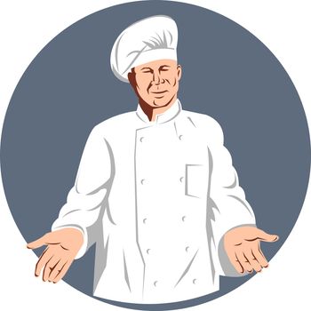 illustration of a chef, cook or baker done in retro style with arms to side