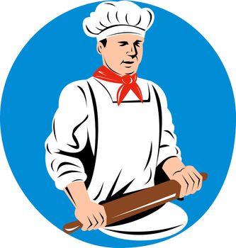 illustration of a chef, cook or baker done in retro style kneading rolling pin