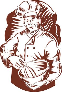 illustration of a chef, cook or baker done in retro woodcut style holding mixing bowl
