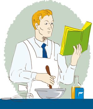 illustration of a novice chef, cook or baker done in retro style holding mixing bowl and recipe book learning cooking
