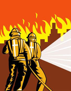 illustration of a fireman fire fighter done in retro style fighting fire with water hose