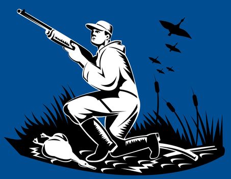 illustration of a hunter aiming shotgun rifle gun at ducks geese done in  retro style 