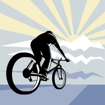 illustration of a cyclist man riding racing bicycle up mountain done in retro style with sunburst in background