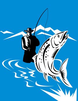 illustration of a trout fish jumping reeled by fly fisherman done in retro style