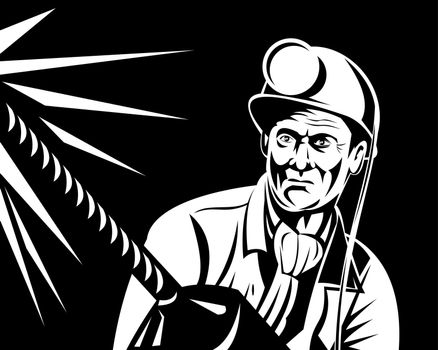 illustration of a miner with jack drill at work done in retro woodcut style