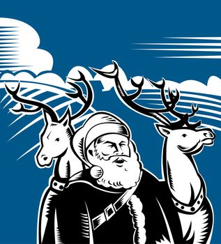 illustration of Father Christmas Santa Claus with reindeer and farm field  background done in retro style