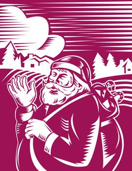 illustration of Father Christmas Santa Claus waving hello with farm field  background done in retro style
