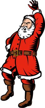 illustration of Father Christmas Santa Claus waving hello on isolated background done in retro style