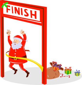 illustration of Father Christmas Santa Claus running a race on finish line on isolated background done in retro style