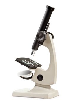 Science laboratory or medical research microscope equipment white isolated