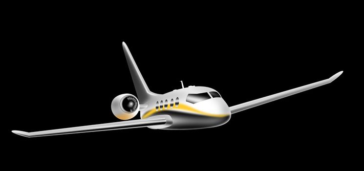 Illustration of corporate jet aircraft in full flight on isolated black background.