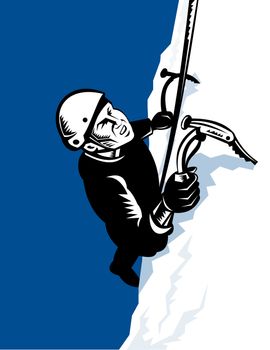 Illustration of a male mountain climber climbing with pick ax done in retro style.
