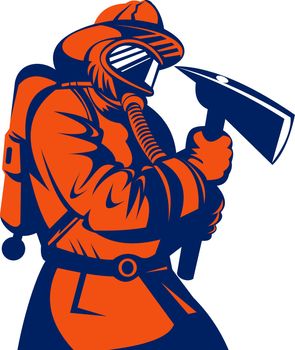 illustration of a fireman fire fighter done in retro style holding an ax isolated on white