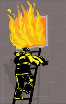 illustration of a fireman fire fighter done in retro style carrying saving a boy from burning building down ladder