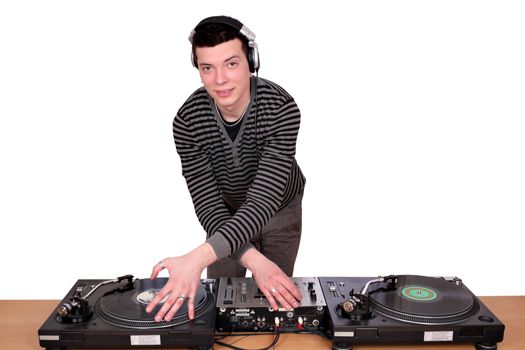 dj with turntables on white 