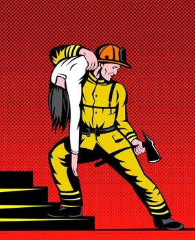 illustration of a fireman fire fighter done in retro style carrying rescuing woman up a set of stairs 