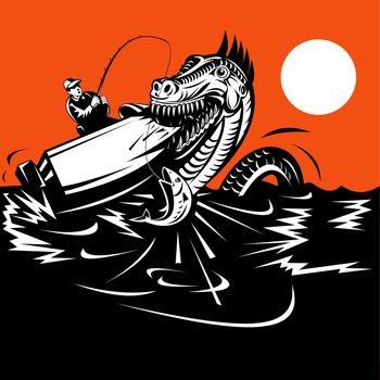 illustration of fisherman fishing on boat catching trout fish while sea serpent or loch ness monster attacks done in retro style