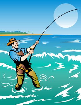 illustration of a fisherman surf casting done in retro style