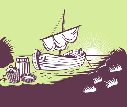 illustration of a fishingsail  boat at sea done in retro woodcut style