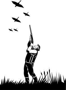 illustration of a hunter aiming shotgun rifle gun at ducks geese done in  retro style on isolated background
