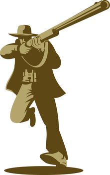 illustration of a hunter aiming shotgun rifle gun done in retro style on isolated background