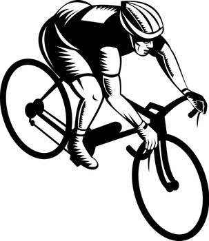 illustration of a cyclist man riding racing bicycle done in retro style on isolated white background