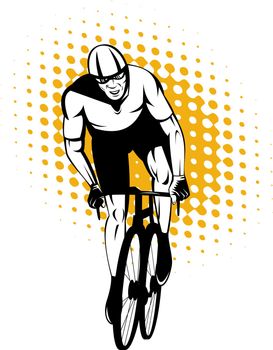 illustration of a cyclist man riding racing bicycle done in retro style on isolated white background viewed from front