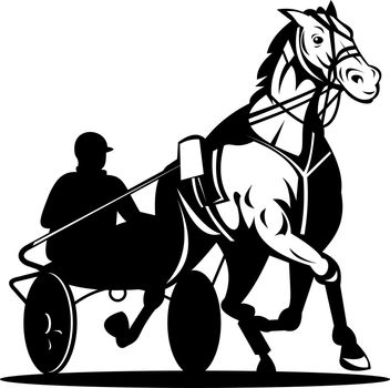 illustration of a horse and jockey harness racing on isolated white background done in retro style.