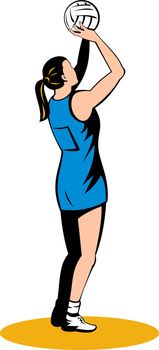 illustration of a netball player shooting ball in background 