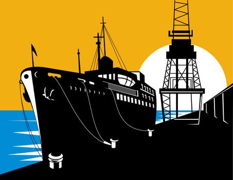 illustration of a passenger cargo ship at the docks or pier done in retro style