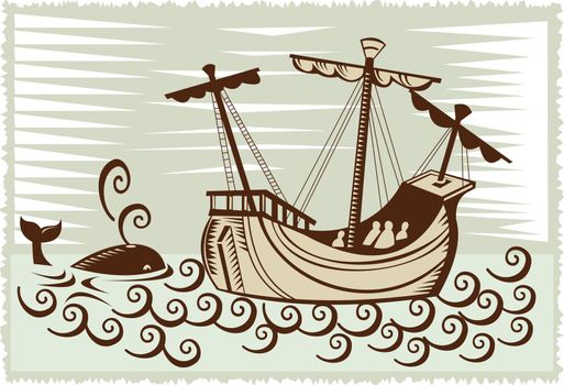illustration of a galleon sailing ship at sea with whale done in retro woodcut style