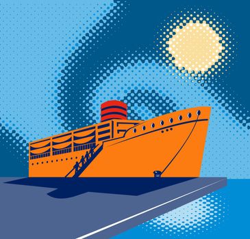 illustration of a passenger cargo ship at the docks or pier done in retro style