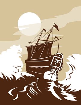 illustration of a galleon sailing ship at sea done in retro style