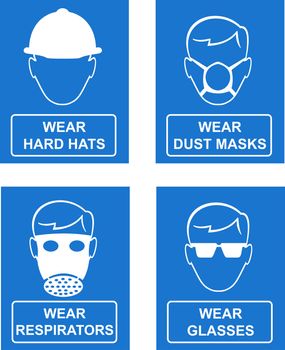 illustration of workplace signs showing warning, caution, wear hard hat ,dust mask,respirator,goggles on blue background