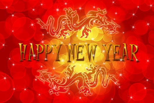 Double Chinese Archaic Dragons with Chinese New Year Greeting Text Illustration
