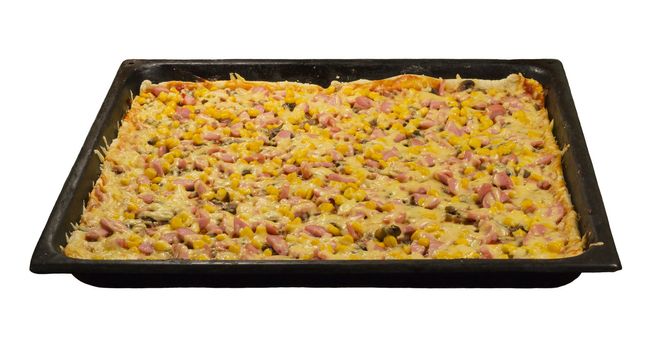 Large pizza with cheese, sausage, corn, and mushrooms on a baking sheet. Isolated on white.