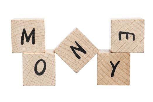 Money spelled out using wooden blocks. White background.