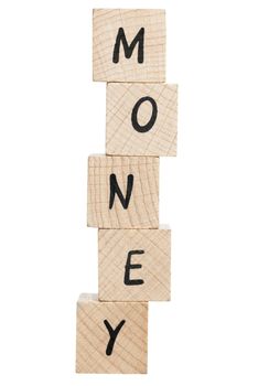 Money spelled out using wooden blocks. White background.