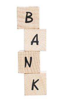 Bank spelled out with wooden blocks. White background.