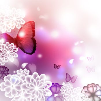 Blossoms and butterflies, pink and purple illustration
