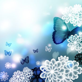 Blossoms and butterflies, blue colored illustration