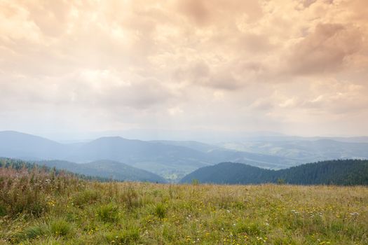 Carpathian mountains landscape photographed using gradual tobacco photo filter