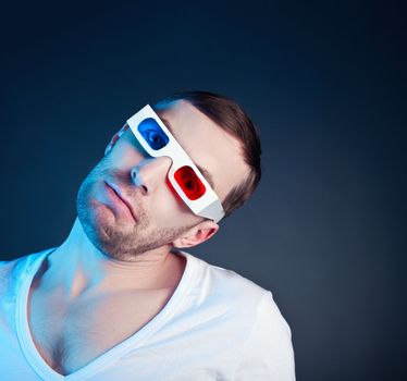 young man, looking through stereo glasses